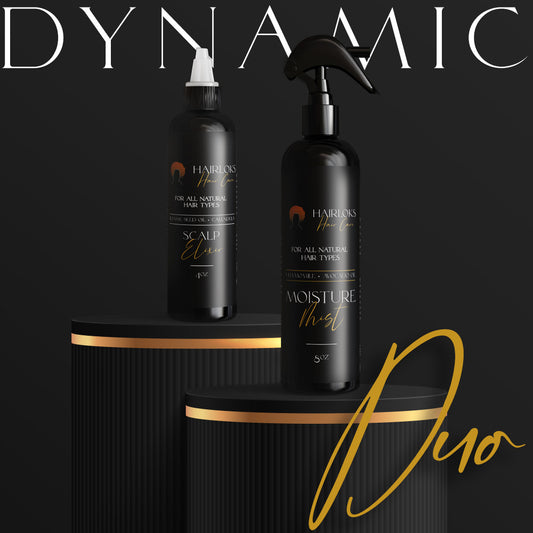 Two hair care products, a moisture mist and a nourishing scalp elixir, positioned on black cylindrical containers with gold accents, labeled 'DYNAMIC Duo'.