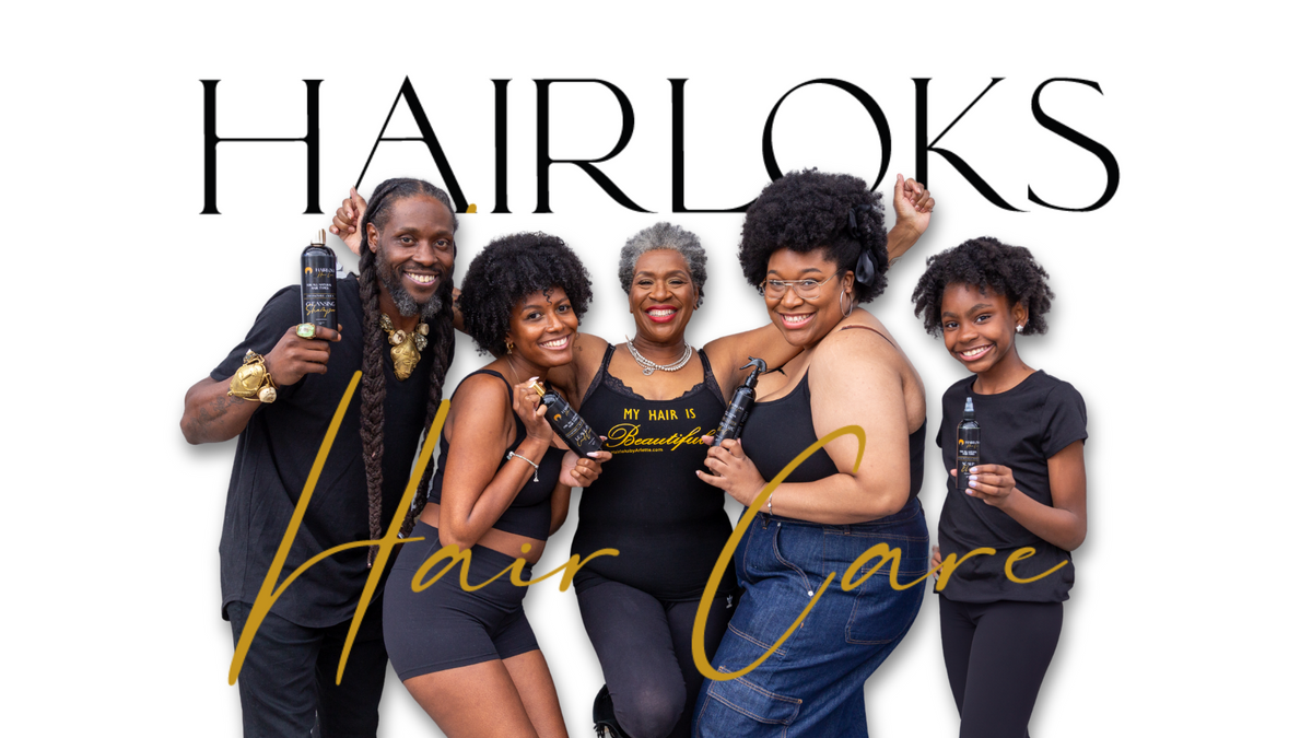 Photo of five people, smiling, holding bottles of Hairloks Hair Care products. Founder, Arlette Pender, is in the center. 