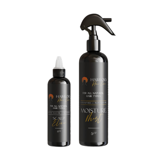 Two hair care products, a moisture mist and a nourishing scalp elixir. 