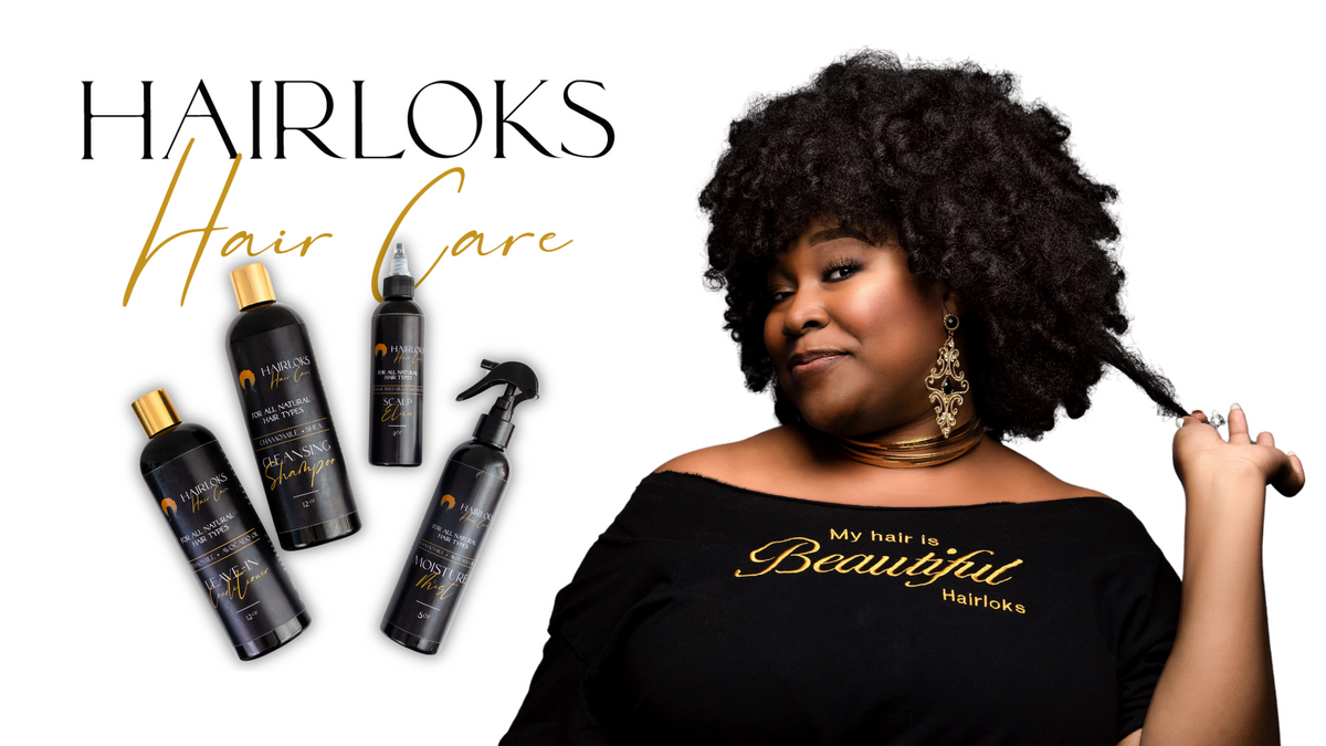 Photo of a natural hair model with a fresh flexirod set. Model is standing next to a a photo of the complete Hairloks Hair Care line. 